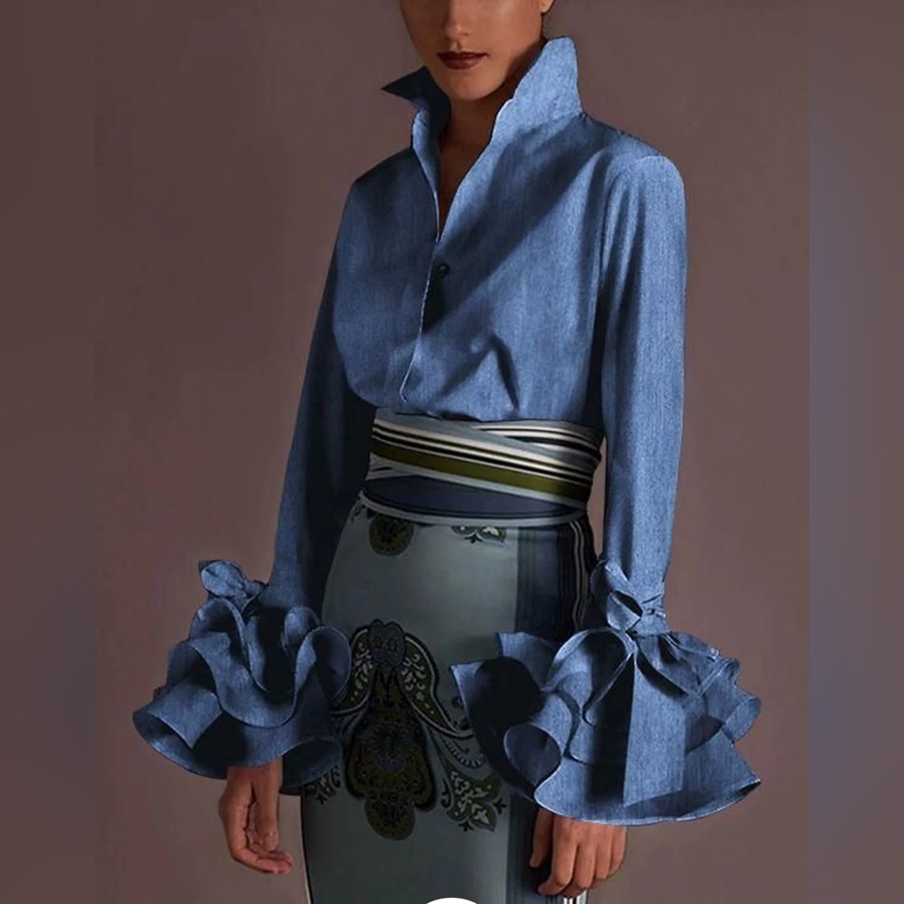 Ursime dark blue long sleeve blouse SZ L with feminine ruffled bell sleeves